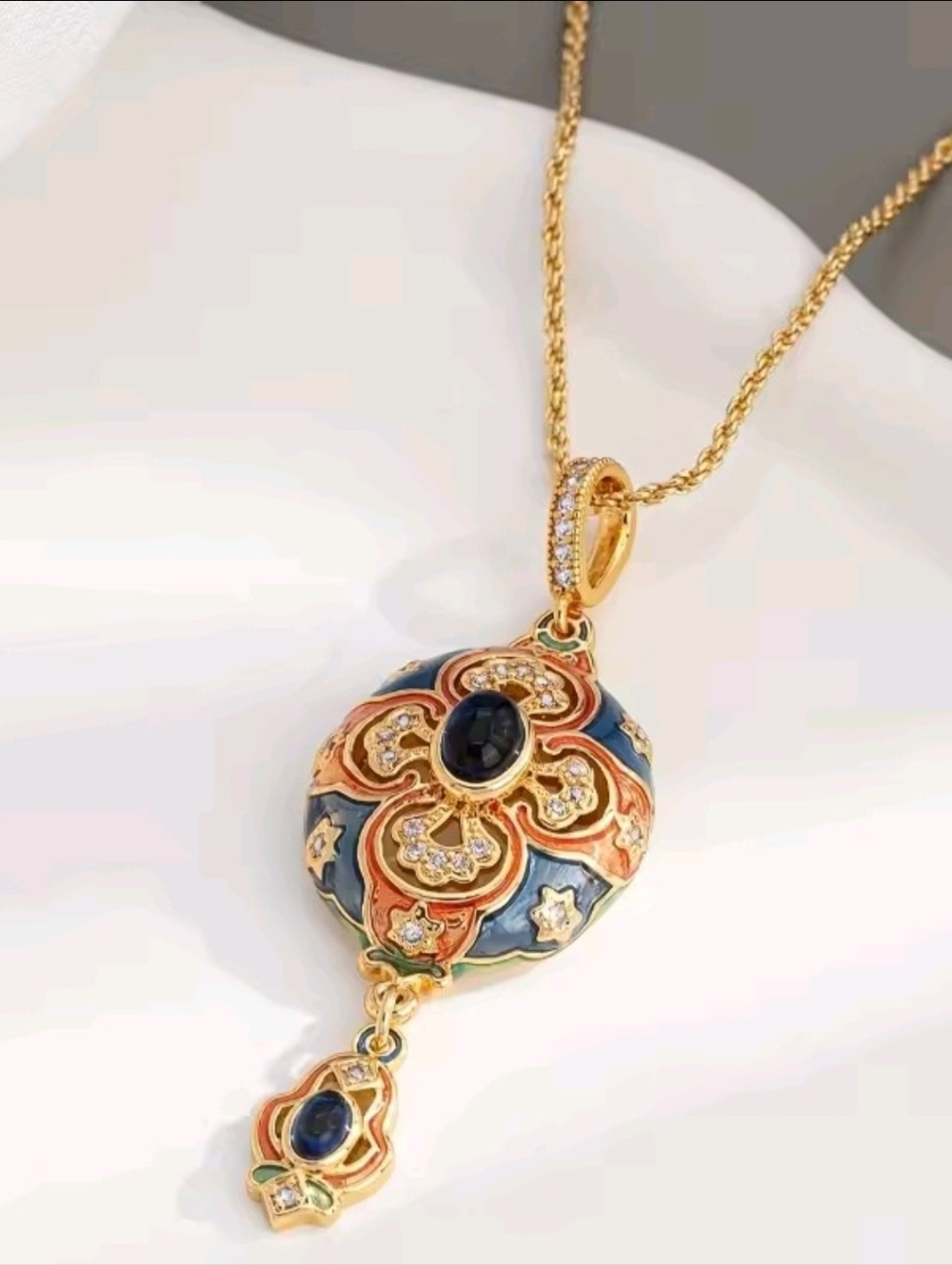 Vintage Gold-Tone Blue and Orange Enamel Pendant Necklace - Picture 4 of 7